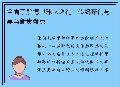全面了解德甲球队巡礼：传统豪门与黑马新贵盘点